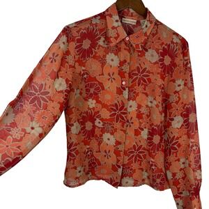 Apostrophe Woman's Button Up Blouse Size 12 (L) Red Orange Floral Sheer Retro